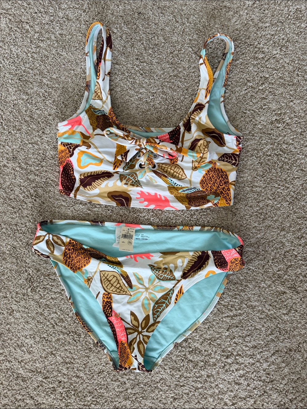 aerie Two-Piece Bikini Set in Light Blue, White, Brown, Coral